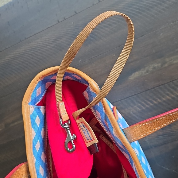 Dooney & Bourke Blue Zip Top Gingham Canvas Tote Shoulder Bag Tan Leather Accent - Picture 14 of 14